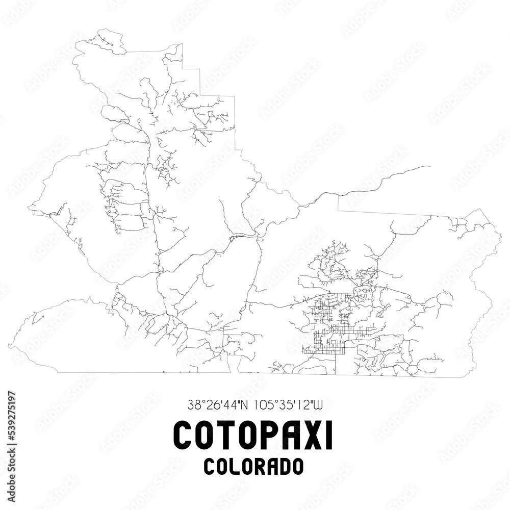 Cotopaxi Colorado. US street map with black and white lines.
