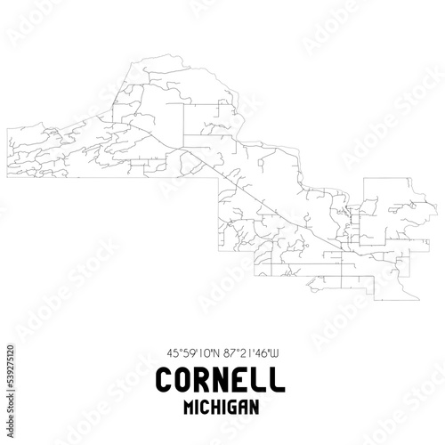 Cornell Michigan. US street map with black and white lines.