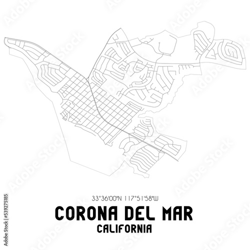 Corona Del Mar California. US street map with black and white lines.