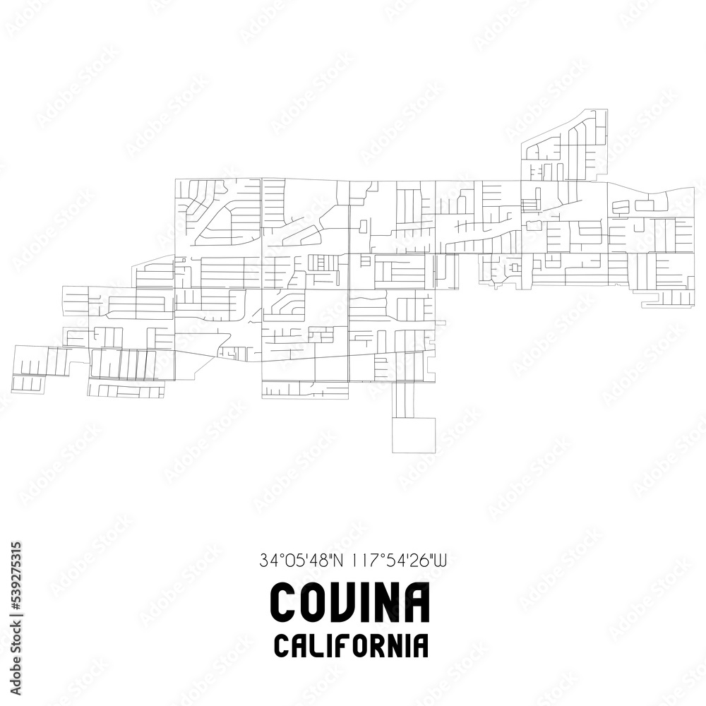 Covina California. US street map with black and white lines.