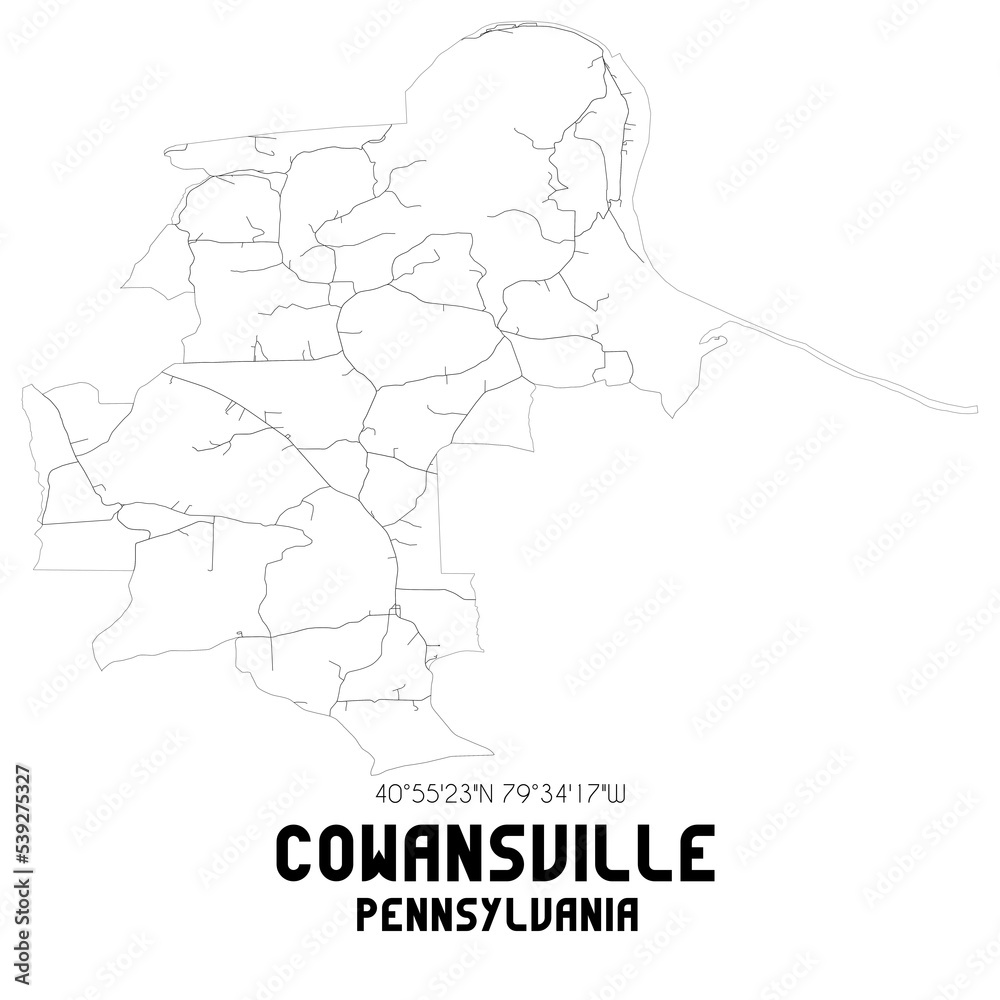 Cowansville Pennsylvania. US street map with black and white lines.