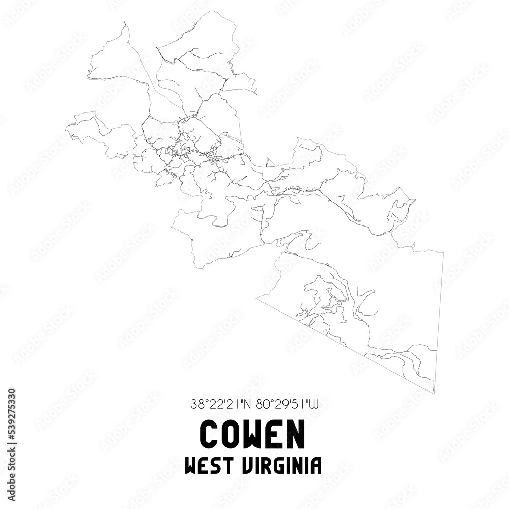 Cowen West Virginia. US street map with black and white lines.