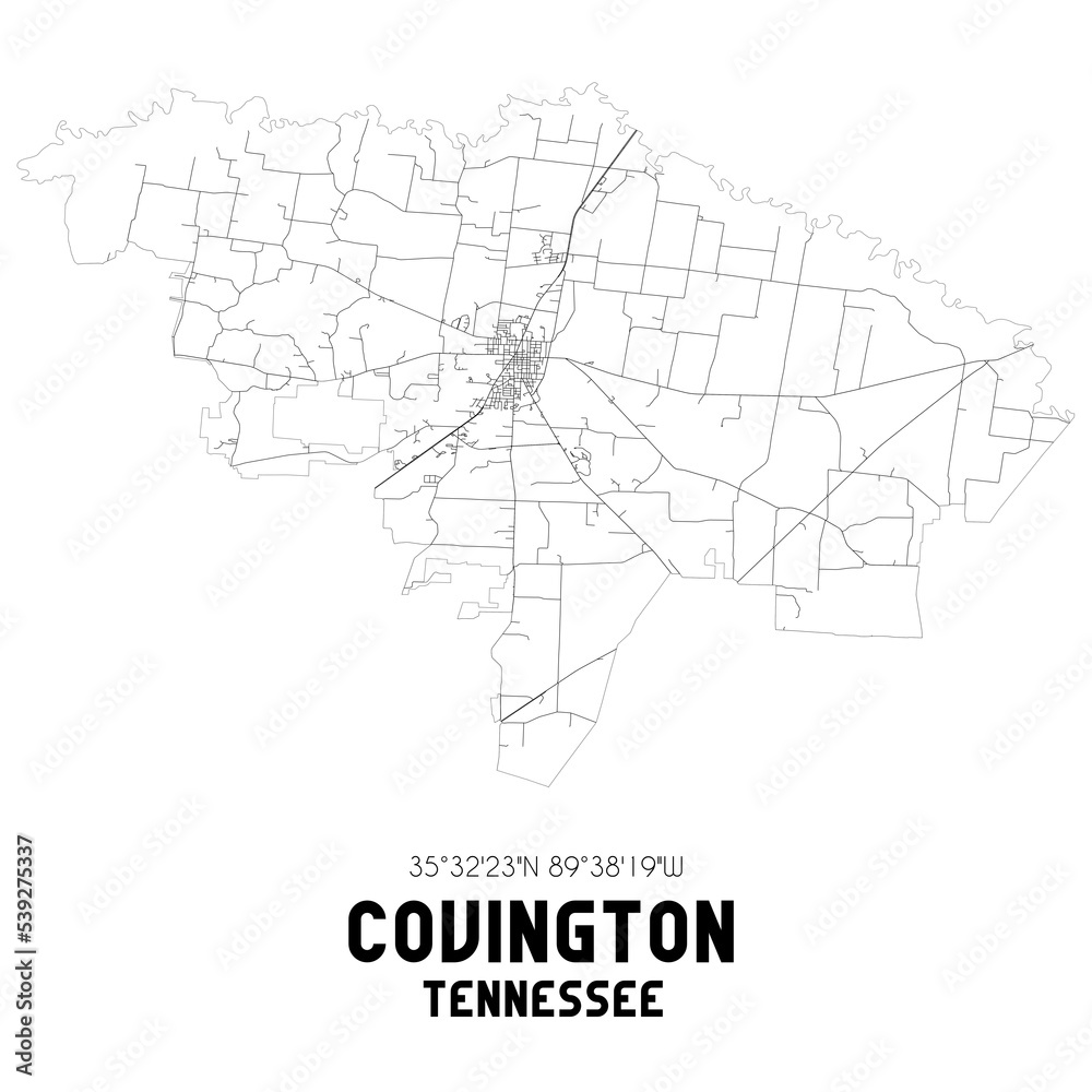 Covington Tennessee. US street map with black and white lines.
