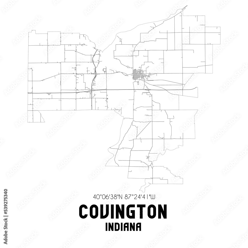 Covington Indiana. US street map with black and white lines. Covington Indiana. US street map with black and white lines.
