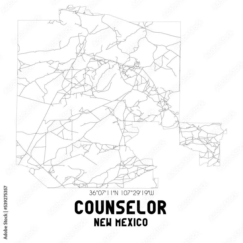 Counselor New Mexico. US street map with black and white lines.