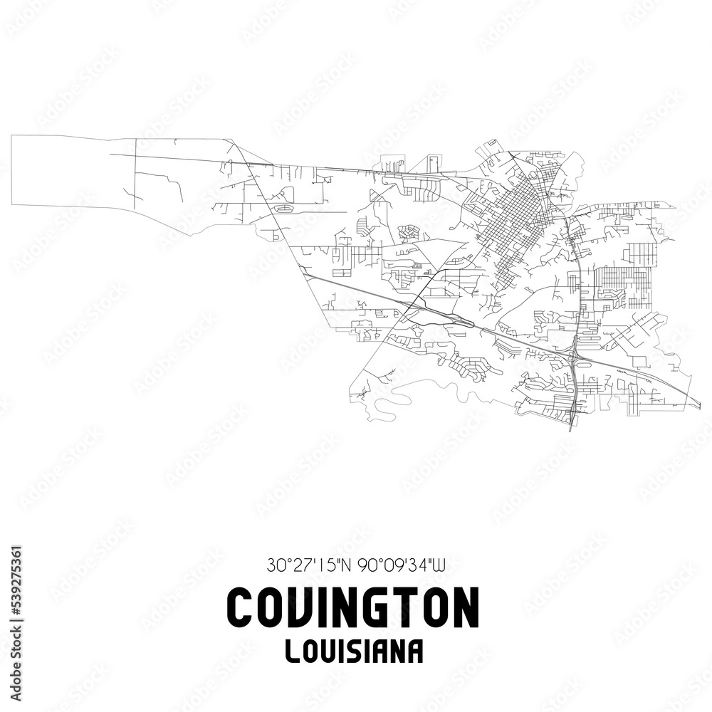 Covington Louisiana. US street map with black and white lines.