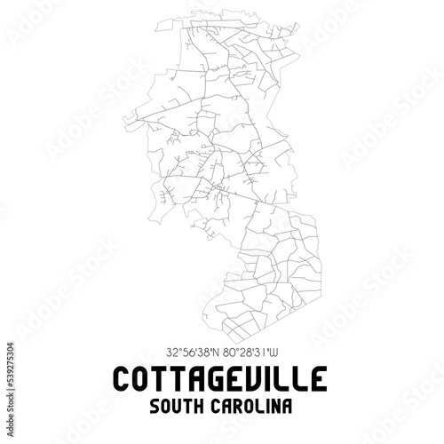 Cottageville South Carolina. US street map with black and white lines.