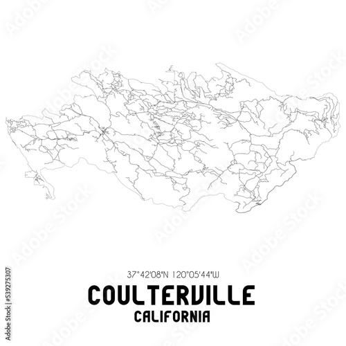 Coulterville California. US street map with black and white lines.