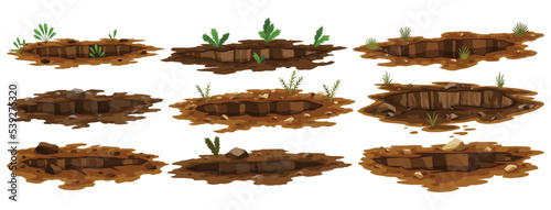 Set of ground holes. Entrances underground, big cracks or ruin. Dirty, dark entrances, detailed drawing in cartoon style. Deep pits with grass and stones. Cartoon dens of wild animal