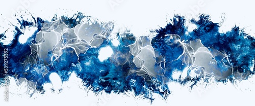 Ciemnoniebieskie i abstrakcyjne tło atramentu alkoholowego z rozchlapaniem zakrzywione warstwowe pociągnięcia pędzlem akwarelowym, kreatywne ręcznie malowane sztuki, kontrastowa biała tekstura płynu kontrastowego, tapeta do druku