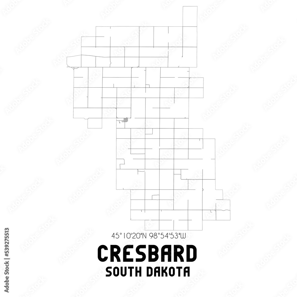 Cresbard South Dakota. US street map with black and white lines.
