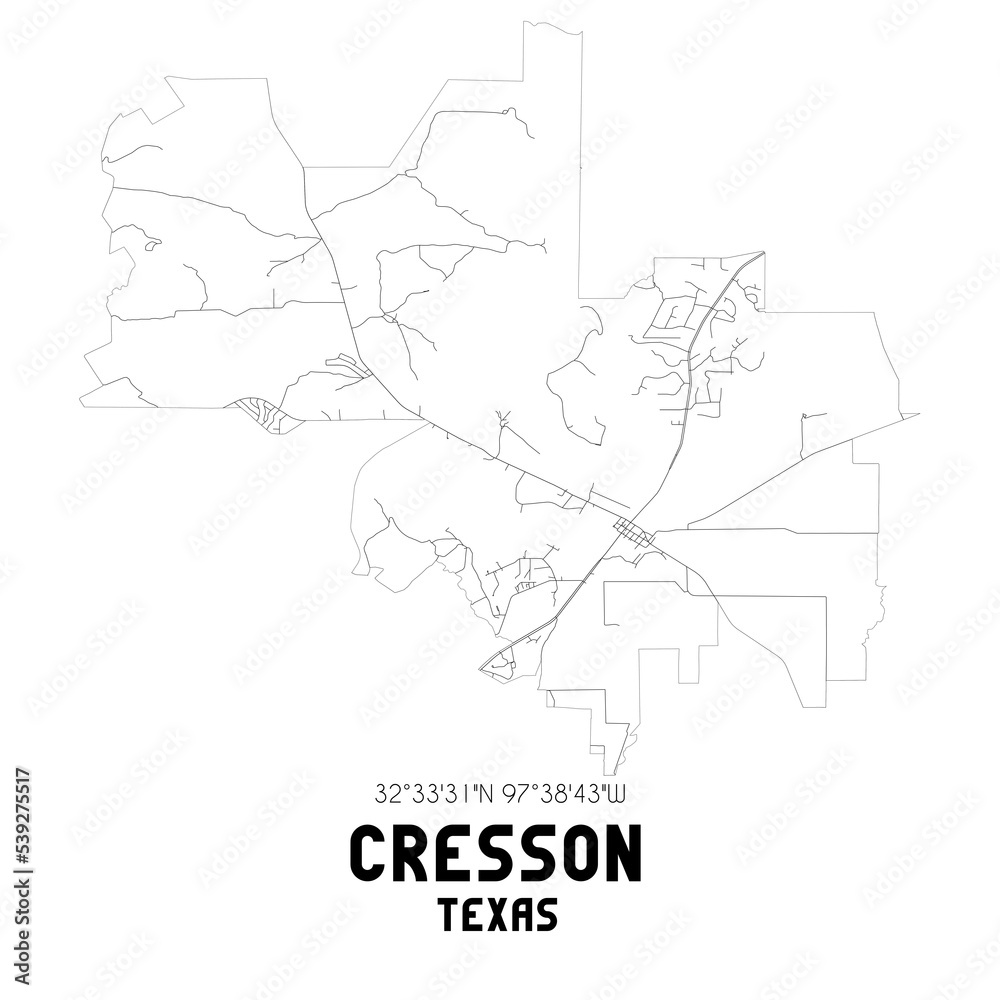 Cresson Texas. US street map with black and white lines.
