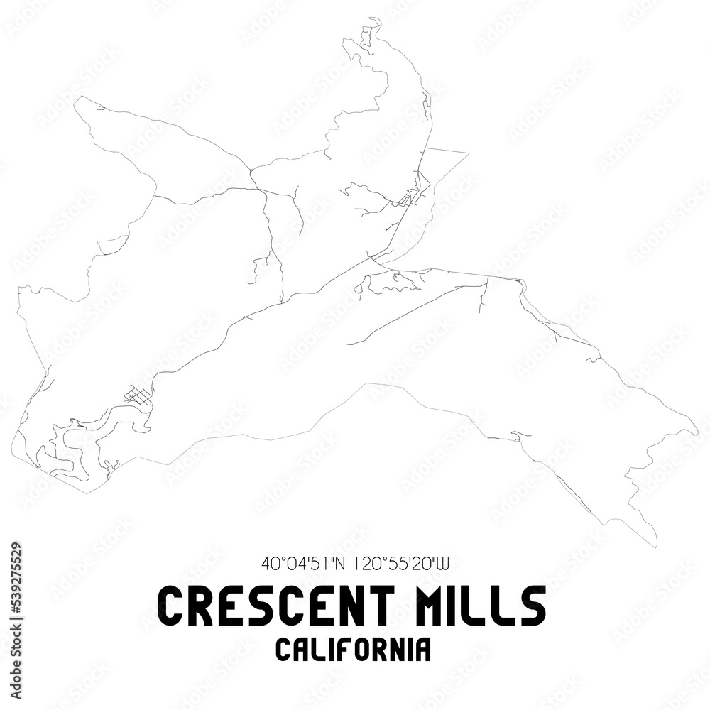 Crescent Mills California. US street map with black and white lines.