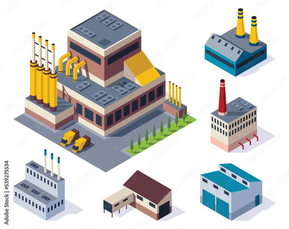 Collection of isometric factories. Concept of industrial working plants with chimney tower or pipes. Industrial buldings. 3d isolated icons set. Architecture of manufactures house