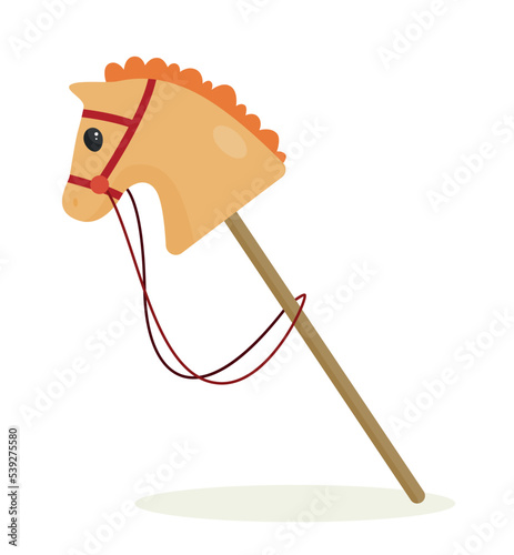 Toy for child. Wooden horse with stick for small child rider. Entertainment for preschool boy. Design element for app or online store. Cartoon flat vector illustration isolated on white background