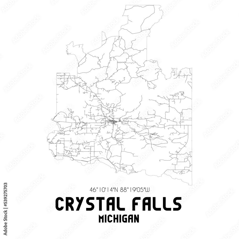 Crystal Falls Michigan. US street map with black and white lines.