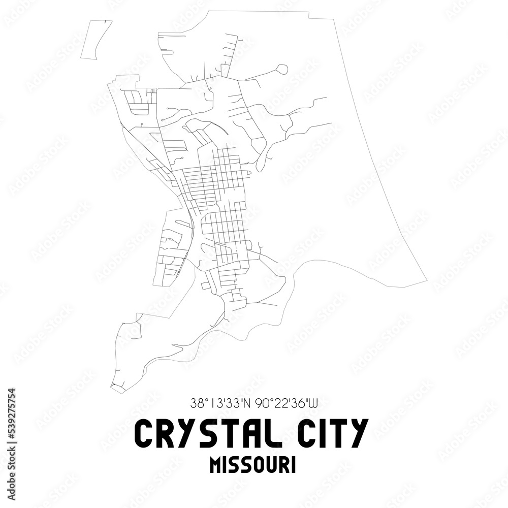 Crystal City Missouri. US street map with black and white lines.