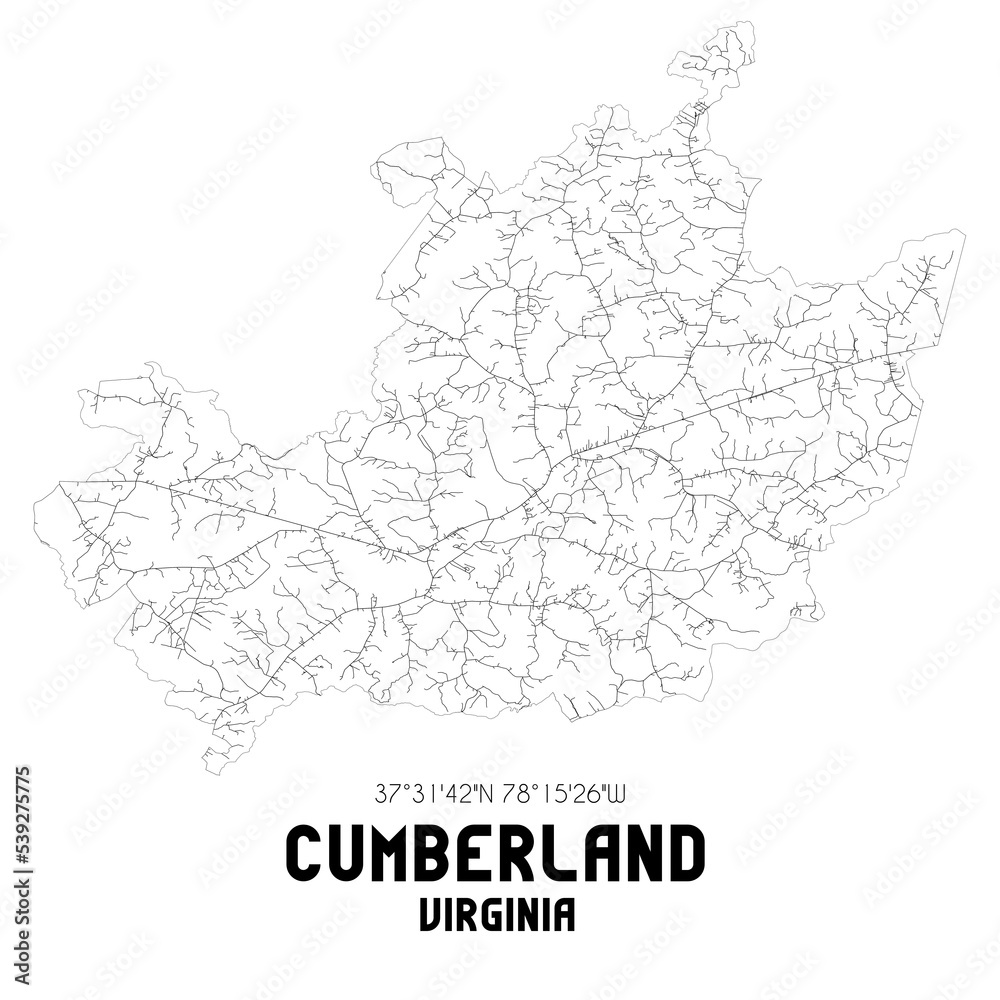 Cumberland Virginia. US street map with black and white lines.