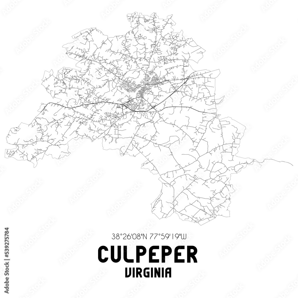 Culpeper Virginia. US street map with black and white lines.