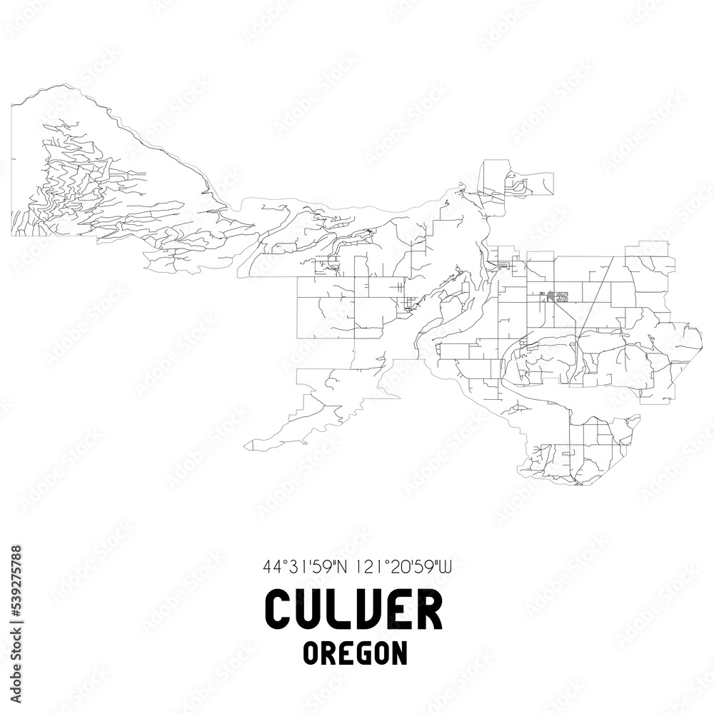 Culver Oregon. US street map with black and white lines.