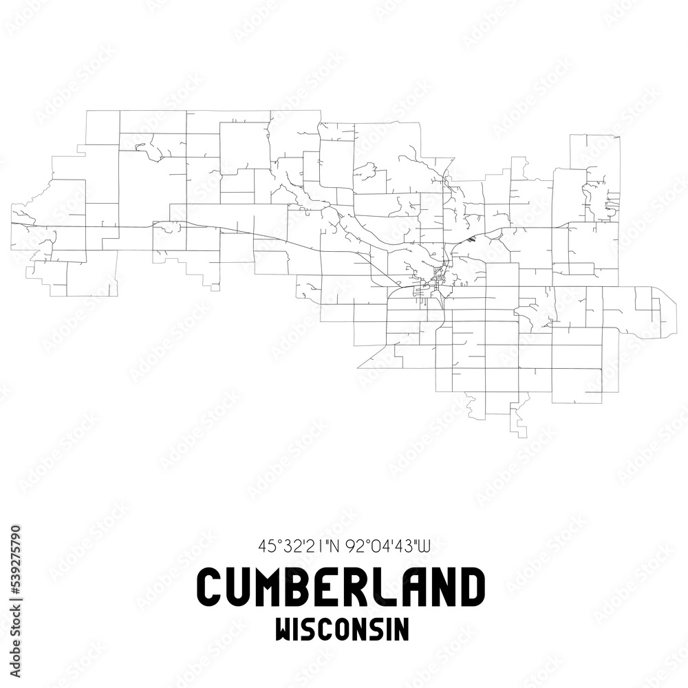 Cumberland Wisconsin. US street map with black and white lines.