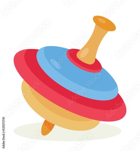Toy for child. Sticker with round spinning top. Entertainment and joy for children. Design element for printing on fabric or paper. Cartoon flat vector illustration isolated on white background
