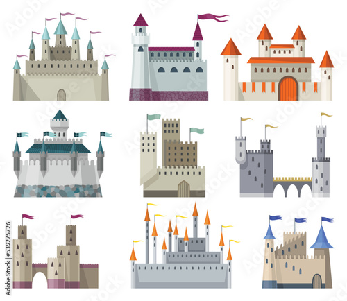 Medieval kingdom castles. Fairy-tale buildinds of middle ages historic period. Vector building exterior design. Royal fortress