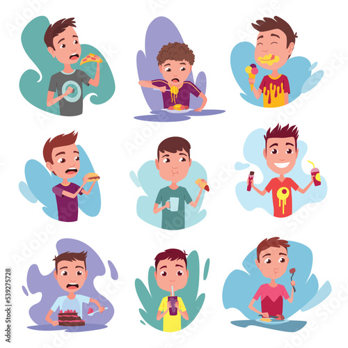 Kids having breakfast or lunch meals. Boys eating, drinking diverse food, drinks. Smiling children enjoy various dishes. Eating habits nutrition set