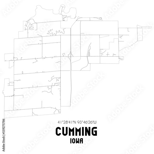 Cumming Iowa. US street map with black and white lines.