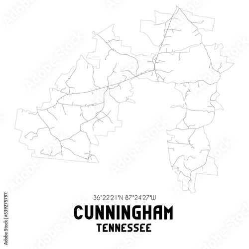Cunningham Tennessee. US street map with black and white lines.
