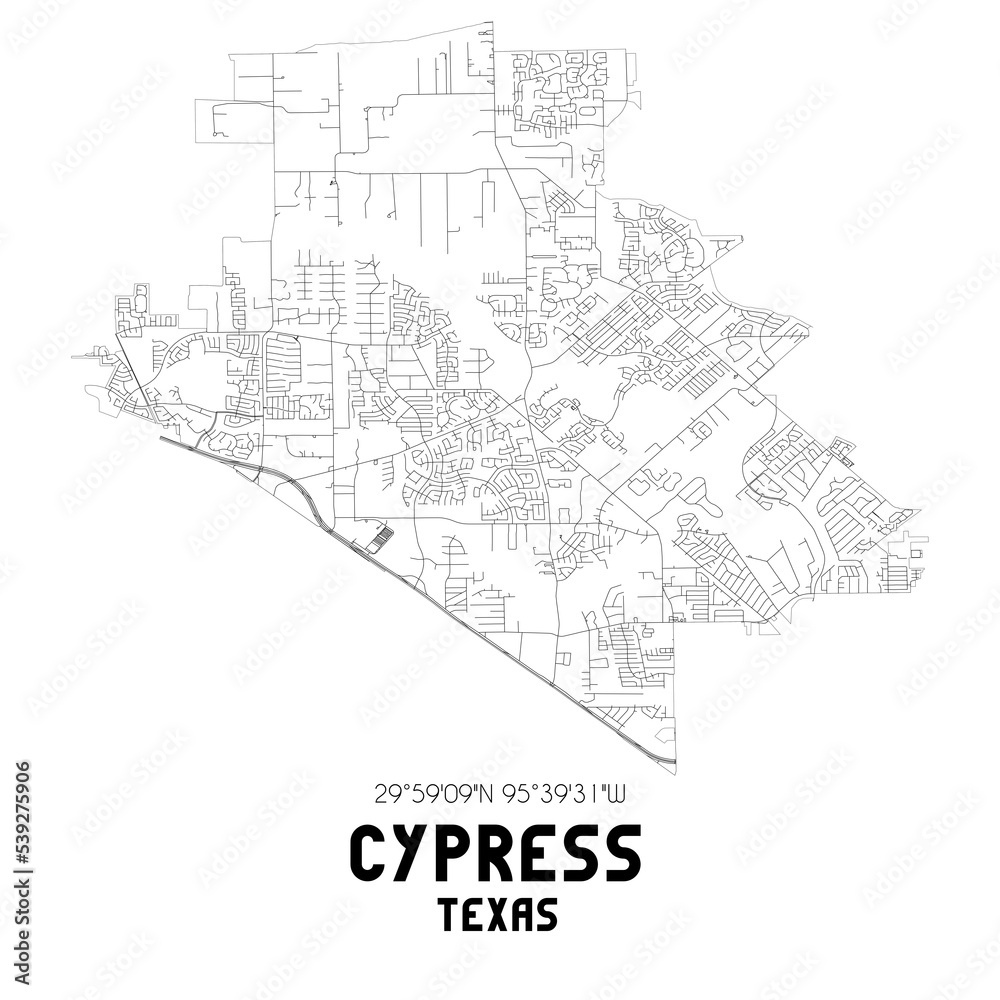 Cypress Texas. US street map with black and white lines.