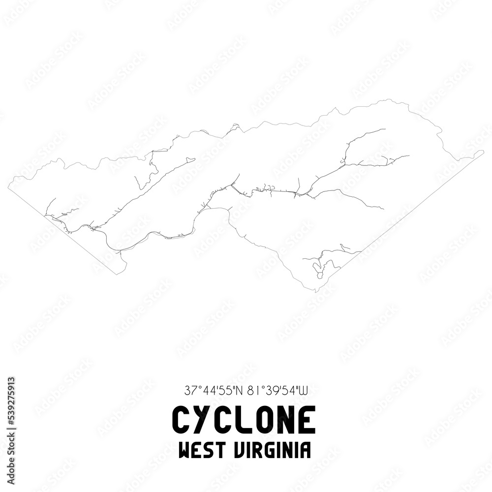 Cyclone West Virginia. US street map with black and white lines.