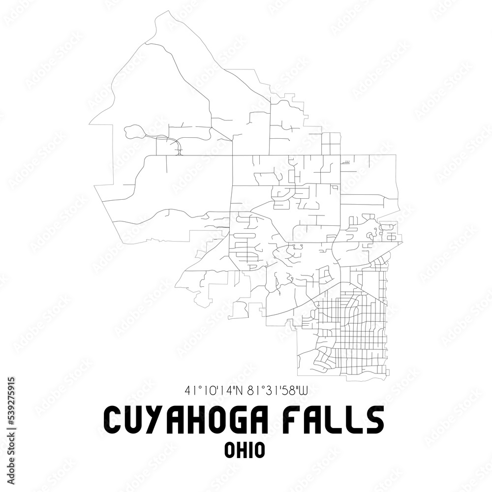 Cuyahoga Falls Ohio. US street map with black and white lines.