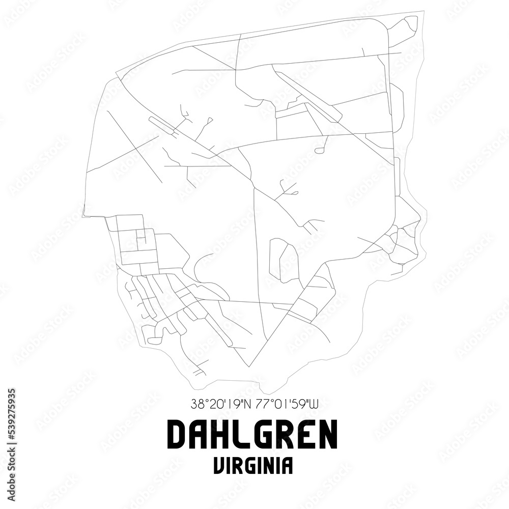 Dahlgren Virginia. US street map with black and white lines.
