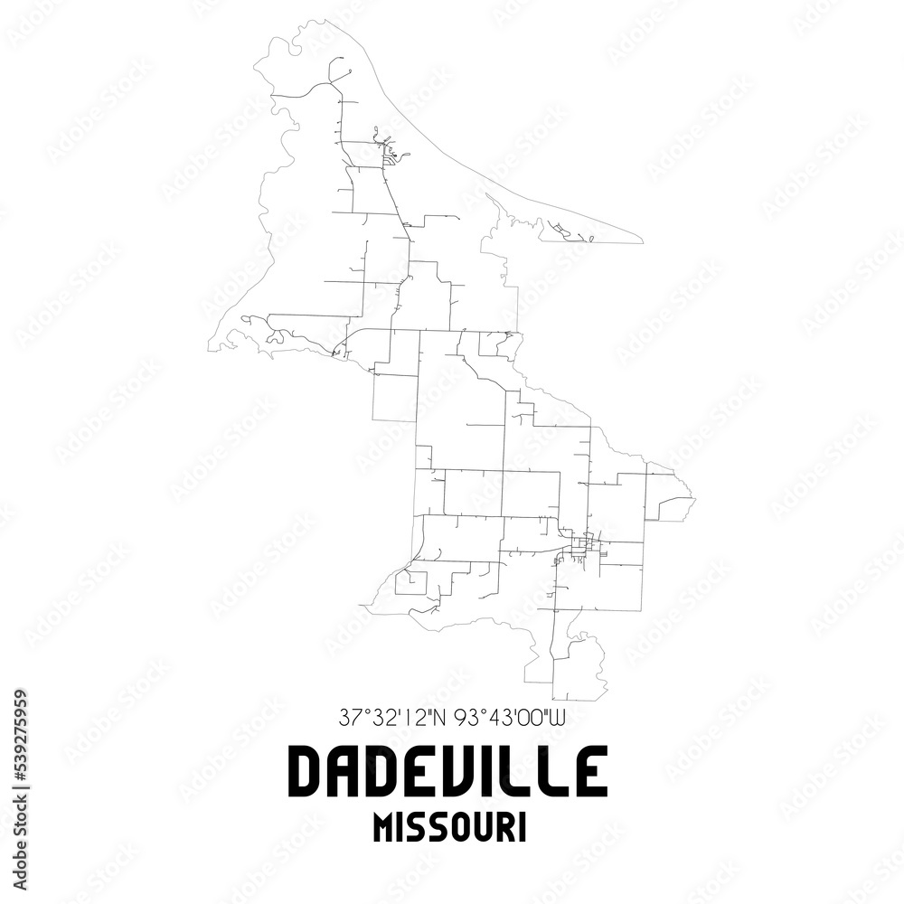 Dadeville Missouri. US street map with black and white lines.