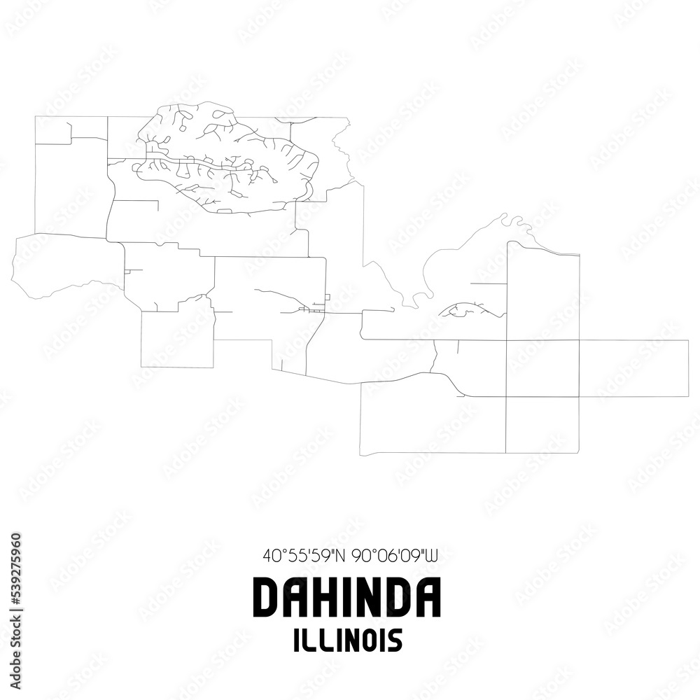 Dahinda Illinois. US street map with black and white lines.