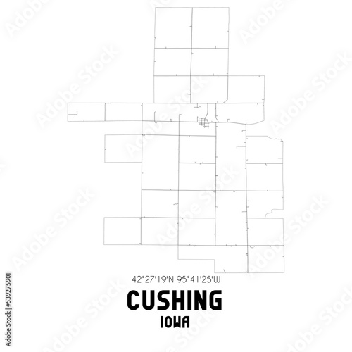 Cushing Iowa. US street map with black and white lines.