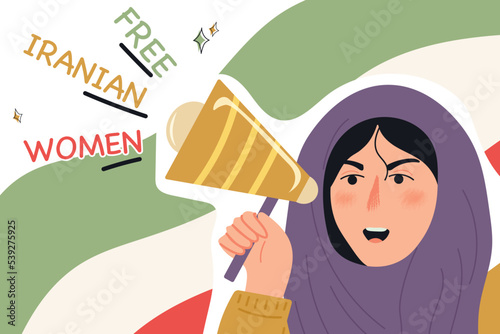 Poster with Iranian woman wearing hijab protests with loudspeaker on  iranian flag background. Vector illustration of Iranian protests. Woman is fighting for her rights. Slogan Free iranian women 