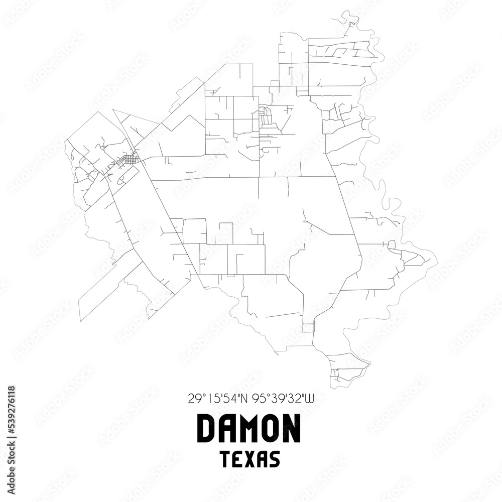 Damon Texas. US street map with black and white lines.