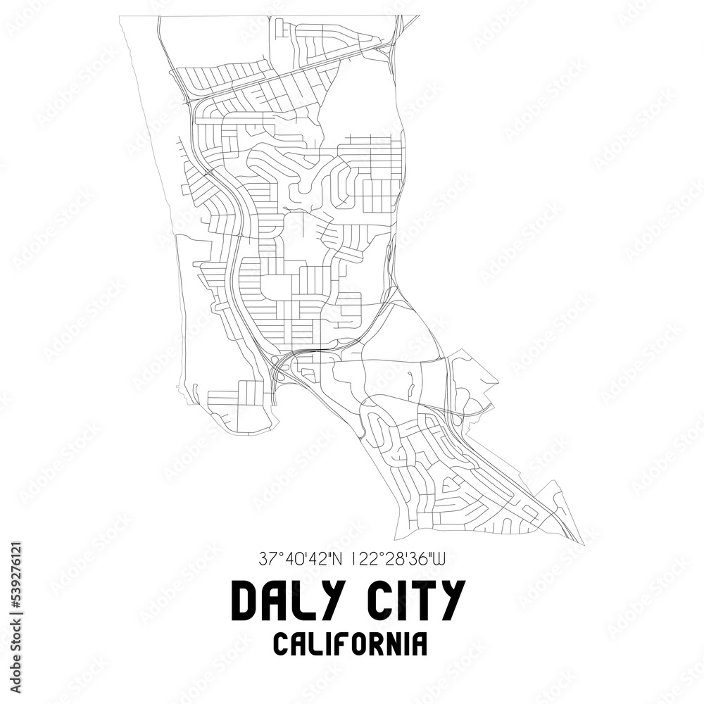 Daly City California. US street map with black and white lines.