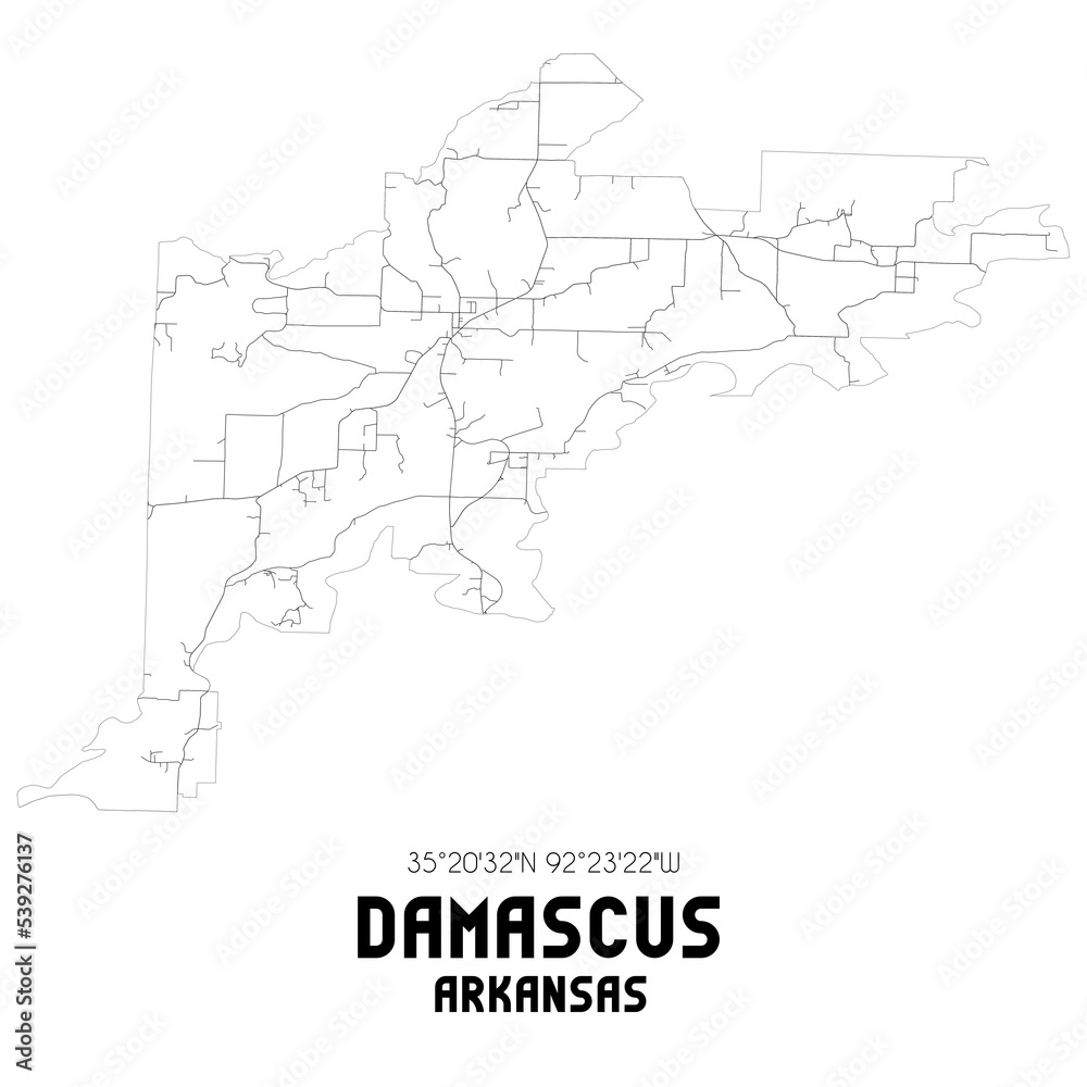 Damascus Arkansas. US street map with black and white lines.