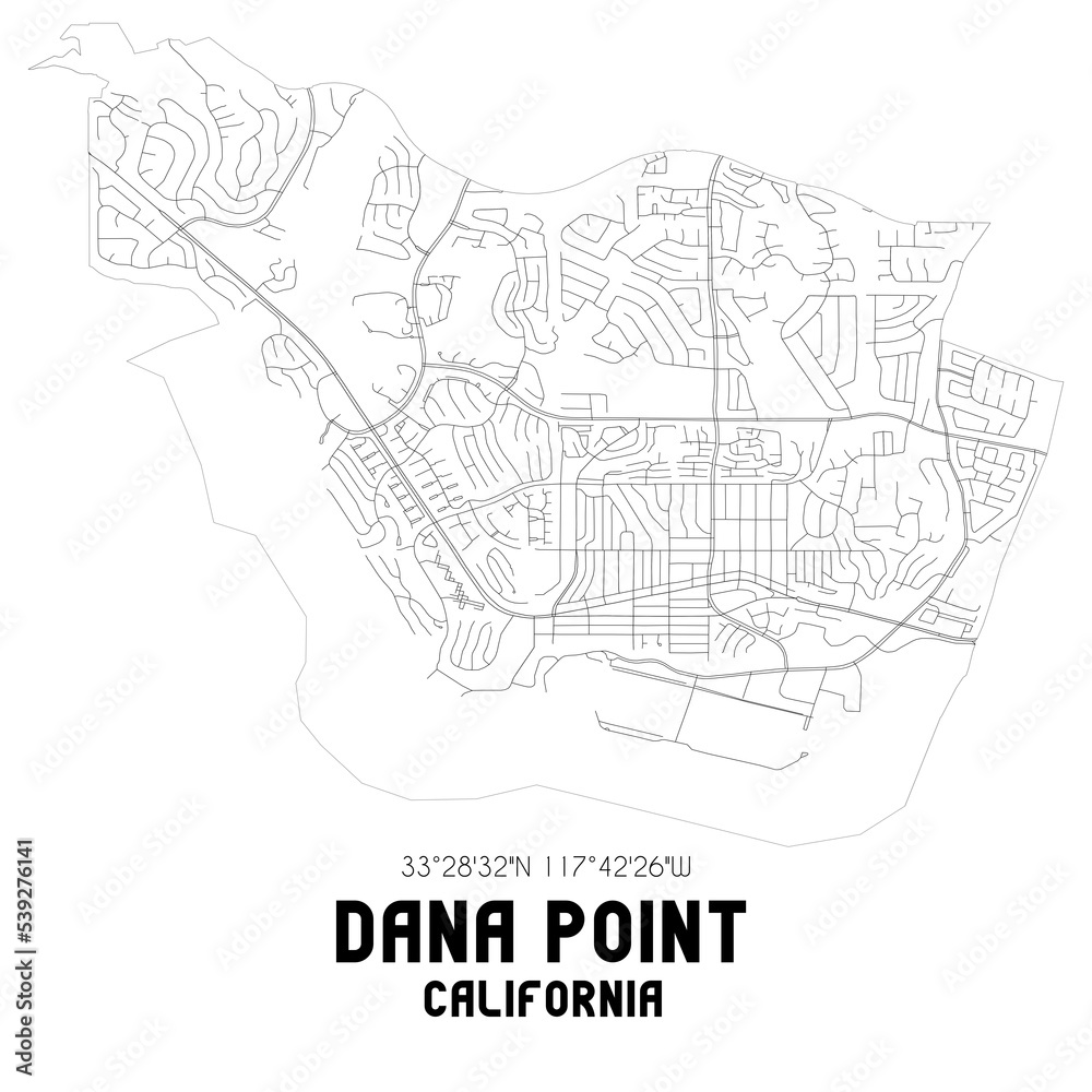 Dana Point California. US street map with black and white lines.