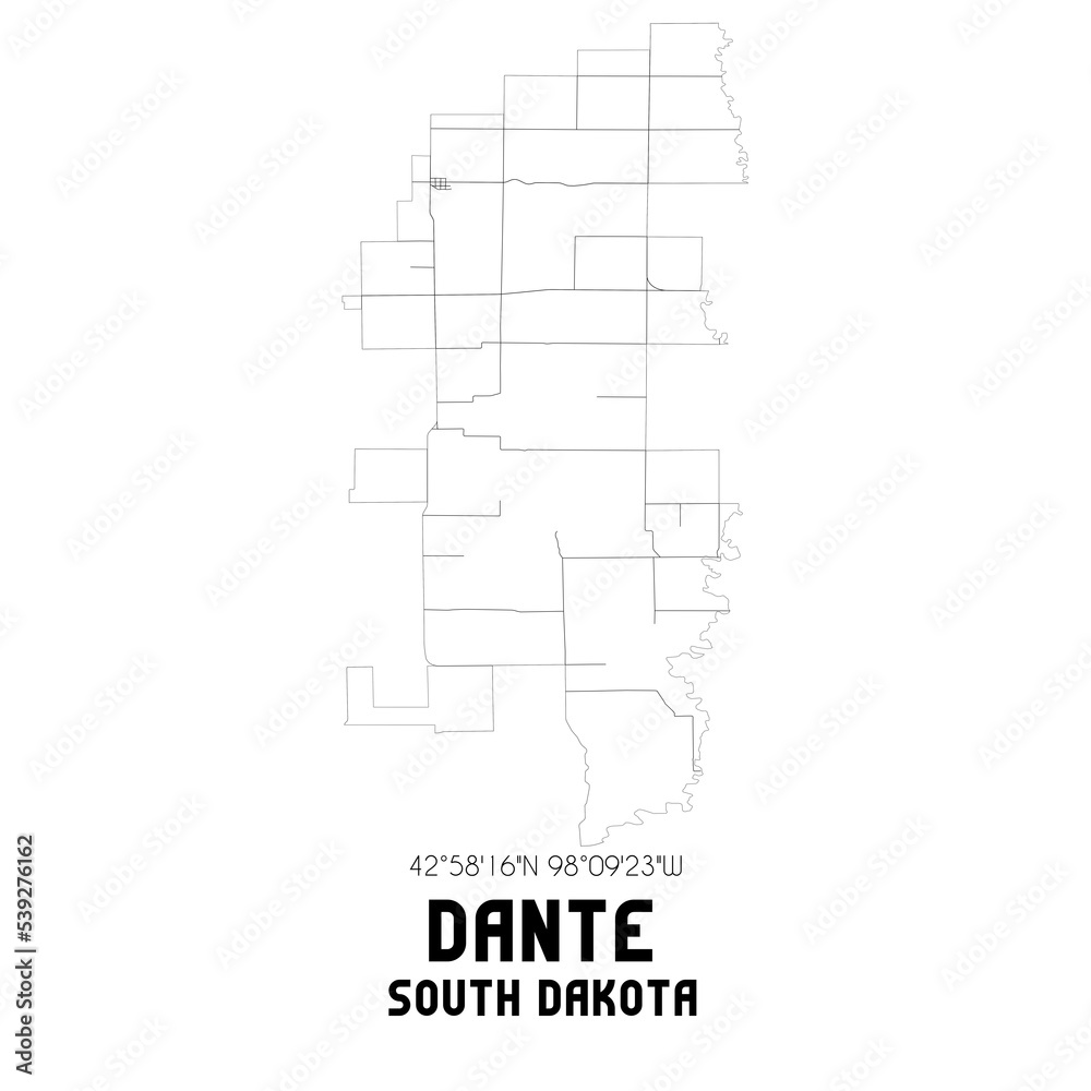 Dante South Dakota. US street map with black and white lines.