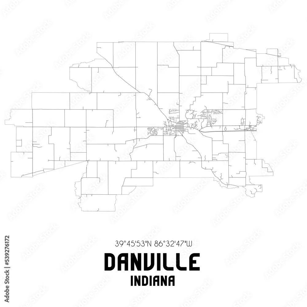 Danville Indiana. US street map with black and white lines.