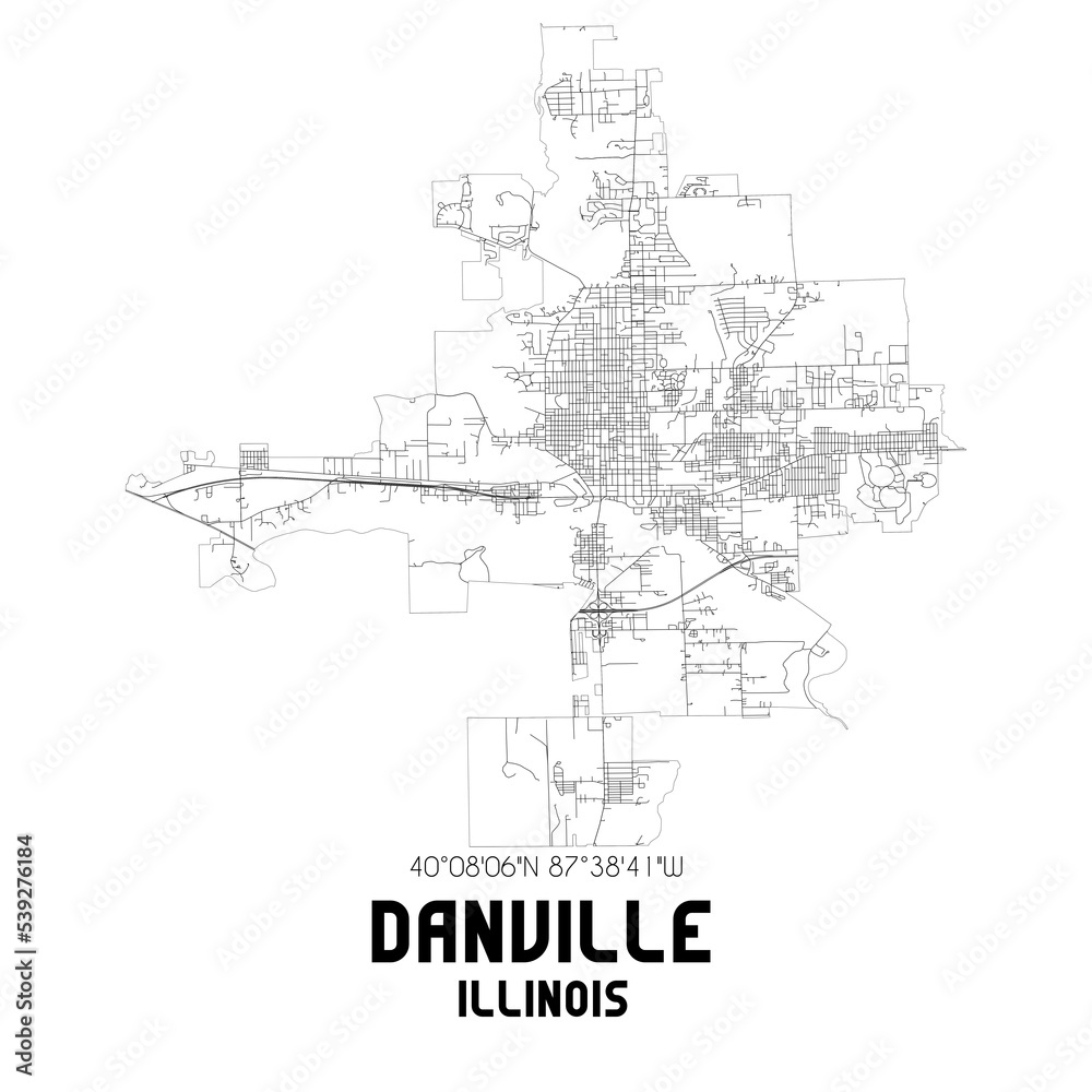 Danville Illinois. US street map with black and white lines.