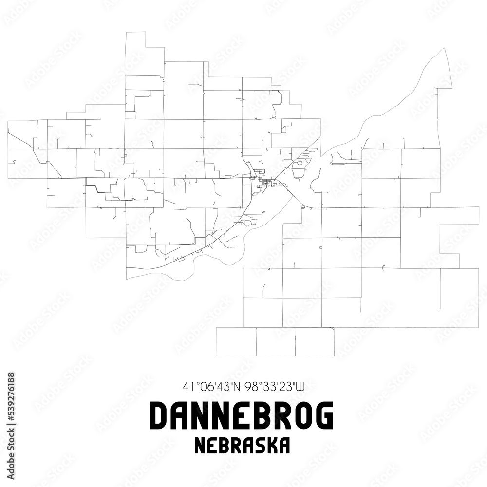 Dannebrog Nebraska. US street map with black and white lines.