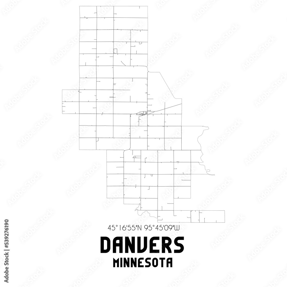 Danvers Minnesota. US street map with black and white lines.