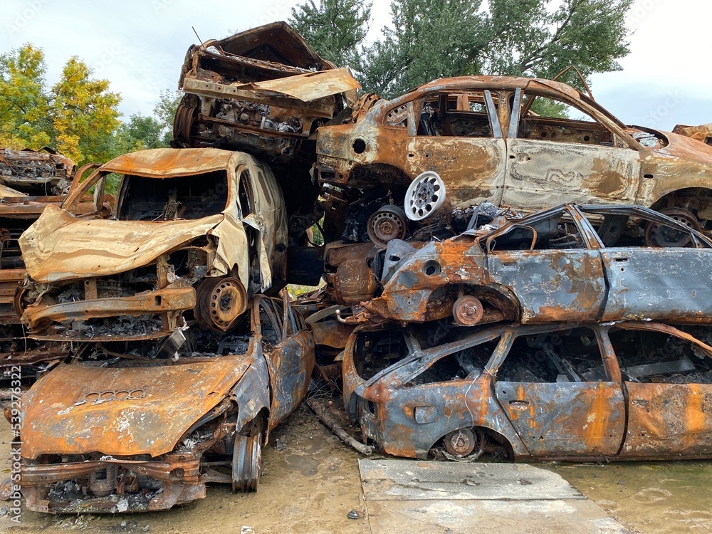 A bunch of burned and shelled cars in Hostomel in the Kyiv region