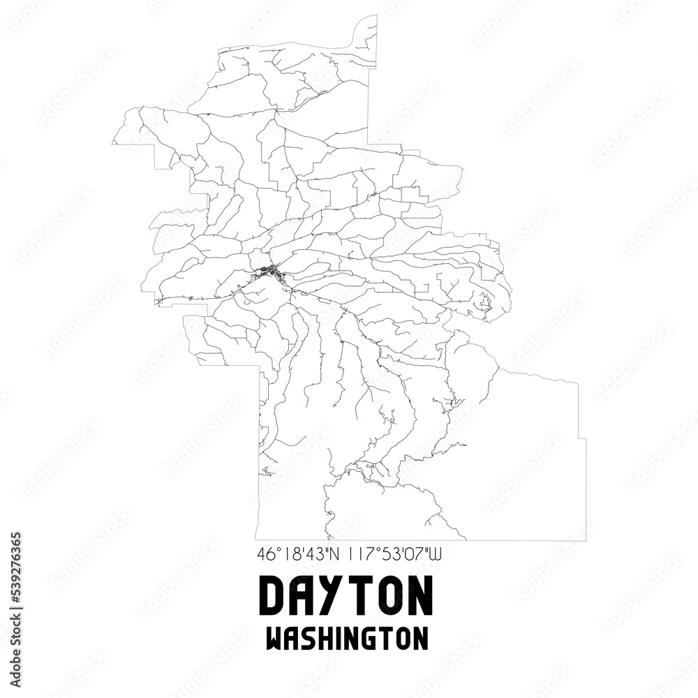 Dayton Washington. US street map with black and white lines.