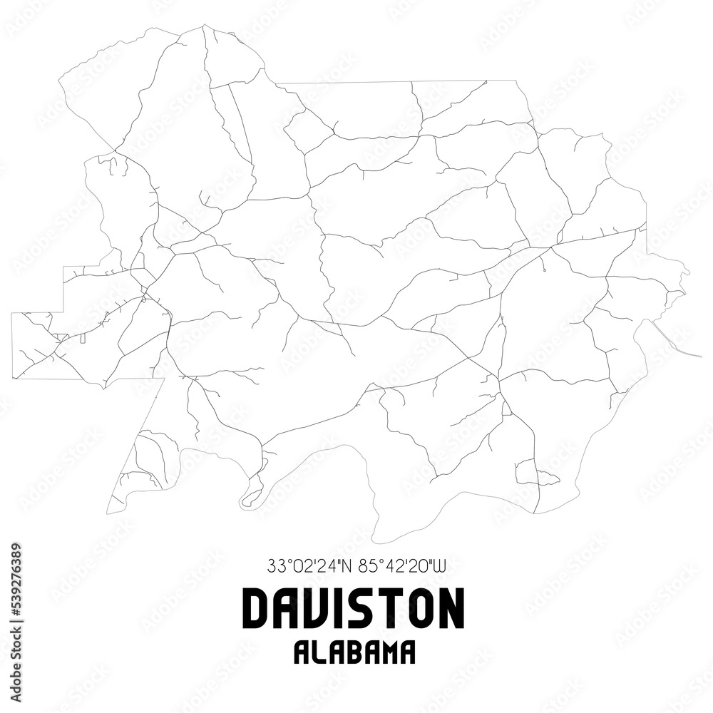 Daviston Alabama. US street map with black and white lines.